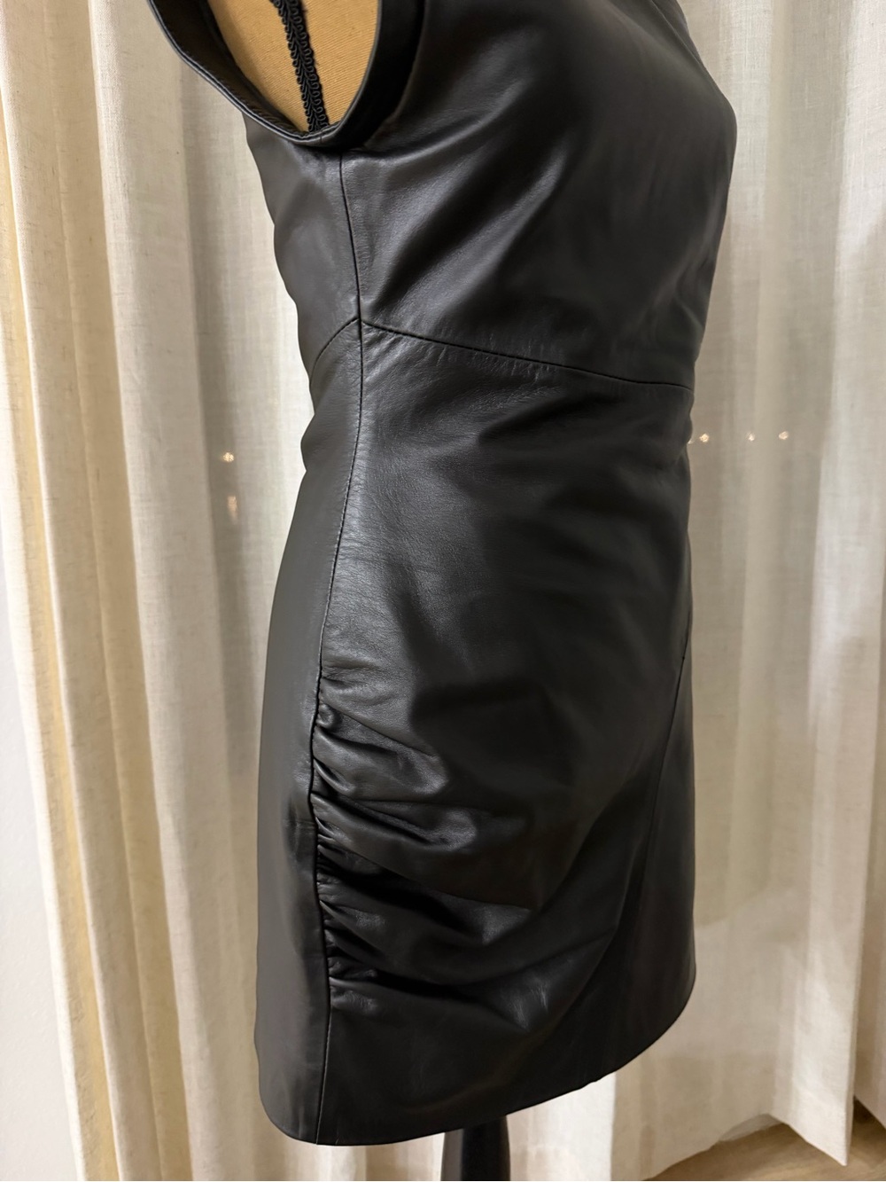 Premium One-Shoulder Black Leather Mini Dress - Picture 3 of 4